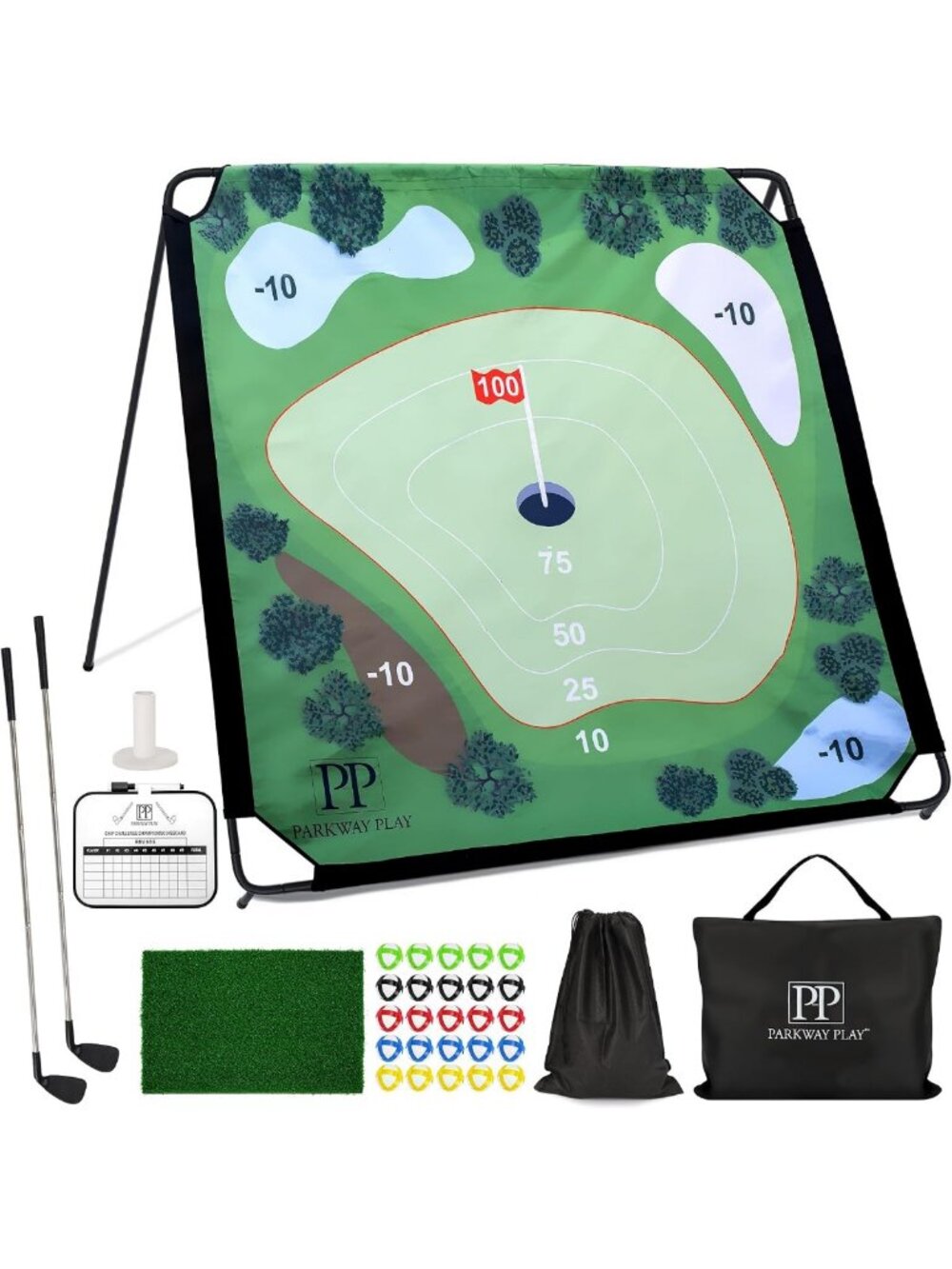 6x6 ft Golf Chipping Game Set - Metal Frame, 2 Clubs, 25 Sticky Balls